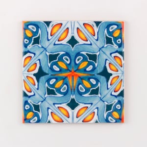 Orange and blue kitchen tiles, ethnic decor, Moroccan tiles, 10cm square tiles, rustic kitchen decor, maximalist decorative tile, Iznik tile image 1