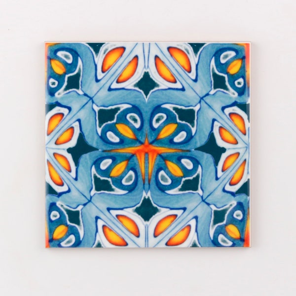 Orange and blue kitchen tiles, ethnic decor, Moroccan tiles, 10cm square tiles, rustic kitchen decor, maximalist decorative tile, Iznik tile