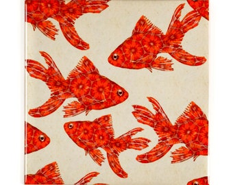 Goldfish pattern ceramic tiles, orange fish tiles, dramatic back splash, unique aquarium tiles, vintage cloakroom tiles, handmade tile mural