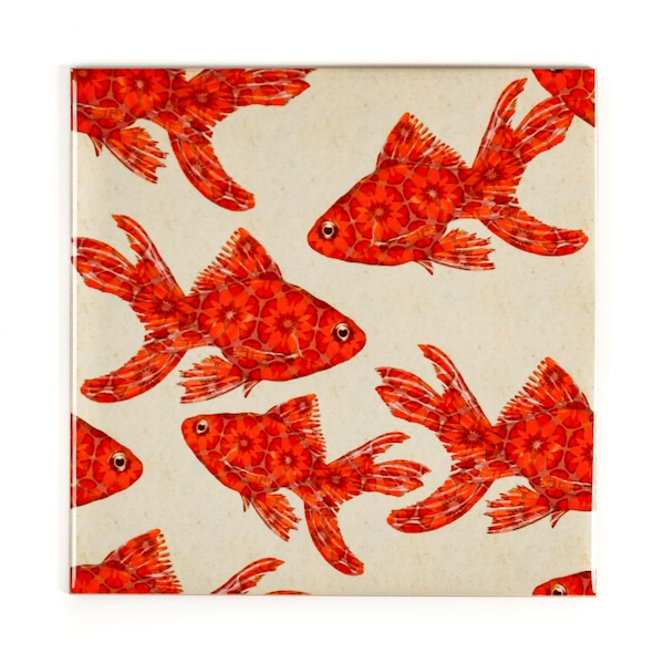Goldfish pattern ceramic tiles, orange fish tiles, dramatic back splash, unique aquarium tiles, vintage cloakroom tiles, handmade tile mural
