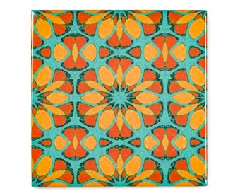 Moroccan Flower tiles, 6 inch blue orange ceramic tiles, colourful Azulejos, rustic decor, Iznik tiles, geometric tile blue, pattern zellige