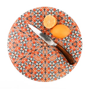 Retro Orange 'fox flower' trivet - Toughened Heatproof Pan stand. Large Charcuterie Plate, Sixties chef gift, Stylish Colorful cheese board