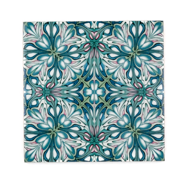 William Morris tiles, arts and crafts tiles, colourful handmade tiles, feature wall tiles, 6 inch green tile, vintage tile, antique tiles,