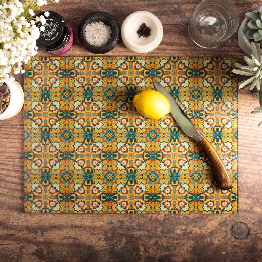 Orange Gold Grey Patterned Worktop Saver, Geometric Cantonese Cloisonne