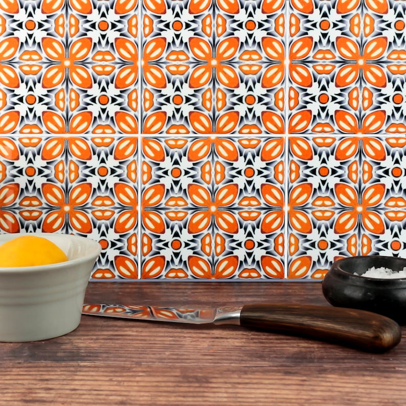 Retro Orange Flower Tiles Ceramic Splashback Tiles Orange | Etsy UK