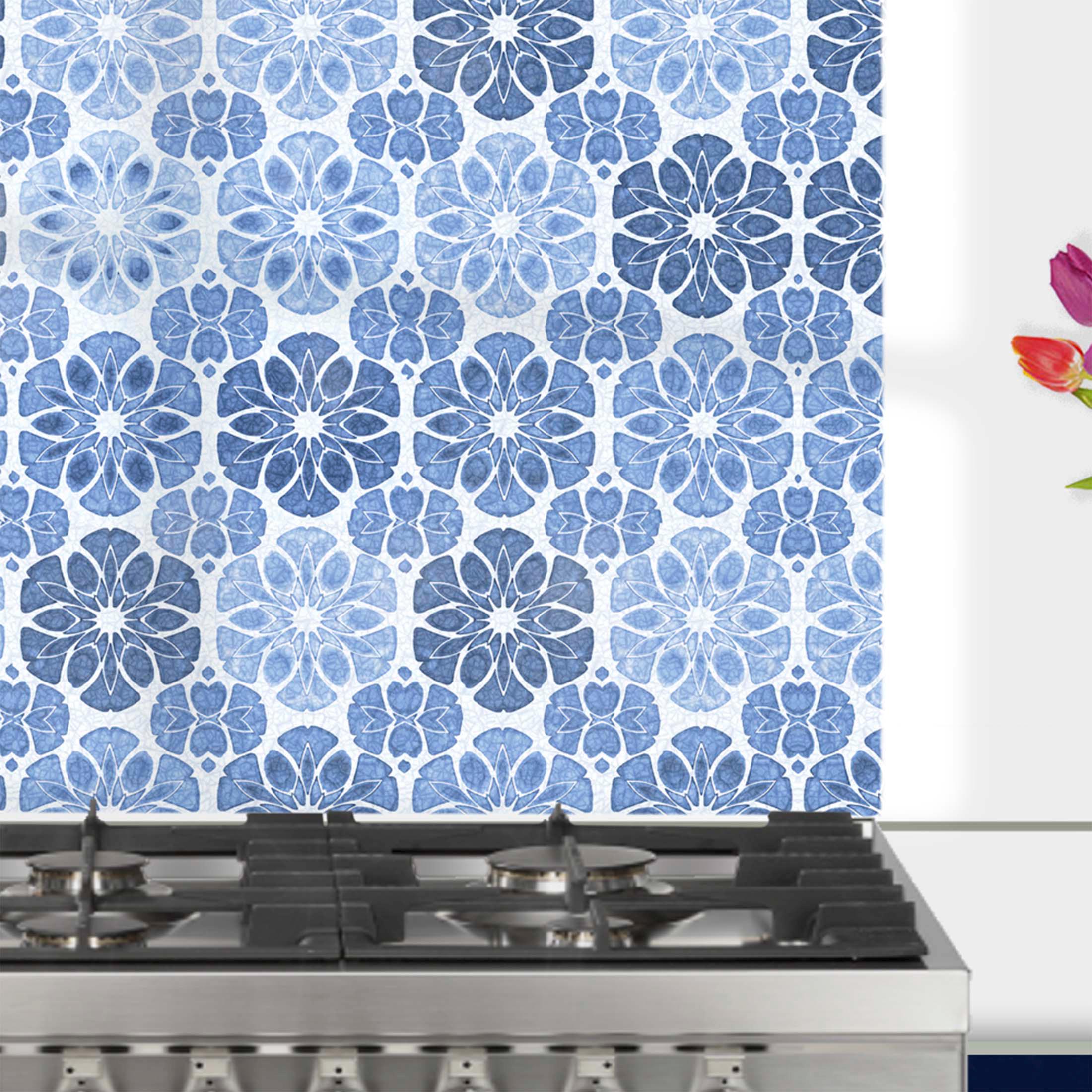 Denim Blue 'vintage Floral' Splashback, Toughened Glass Backsplash ...