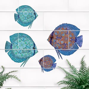 Blue Fish Tile Decals • Colourful Mosaic Ocean Wall Art • Backsplash Stickers • Peel & Stick Decor - Renter‑Friendly - Red Blue Discus fish