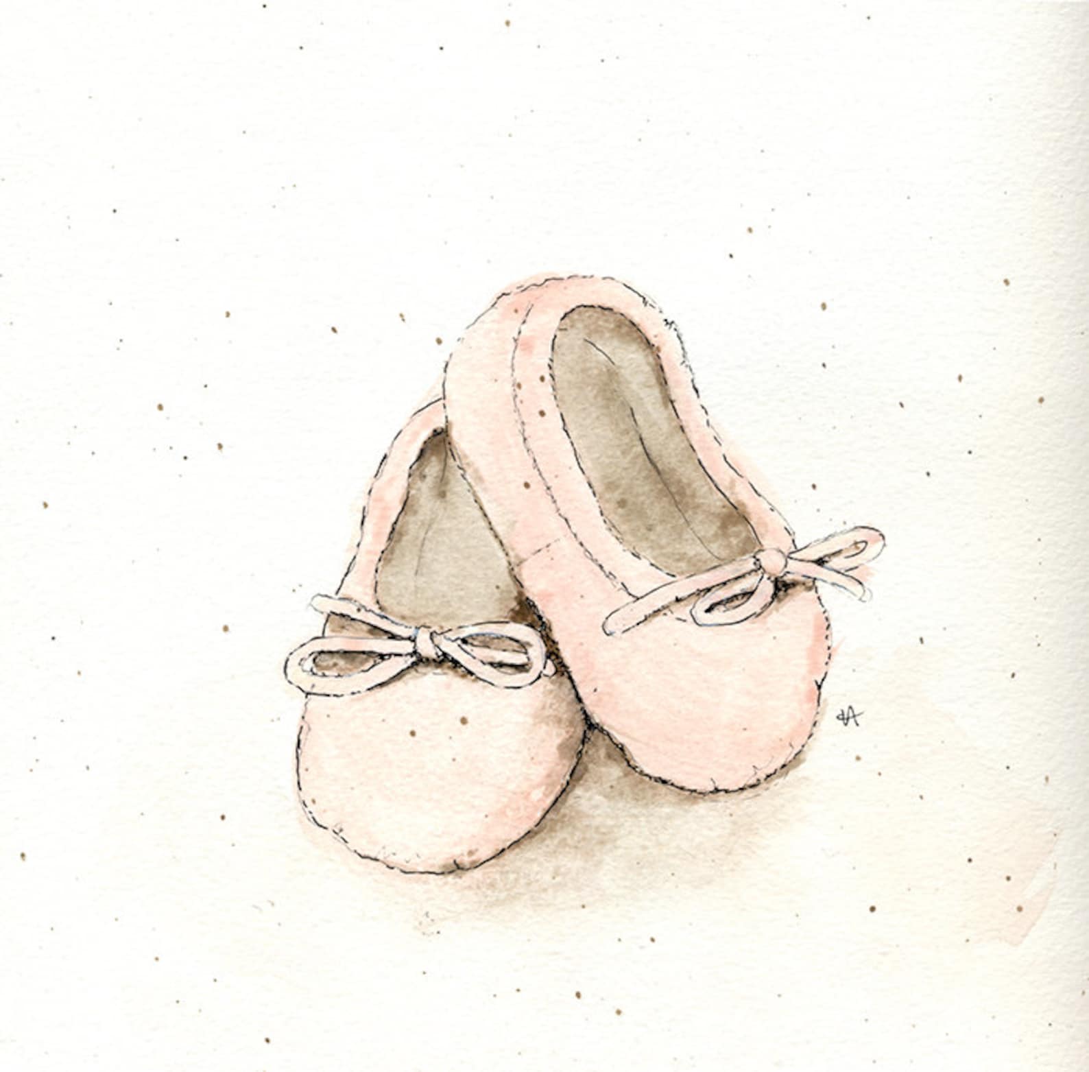 original watercolour painting of baby ballet pumps, framed in up cycled pine frame ready for display (26 x 26cm)