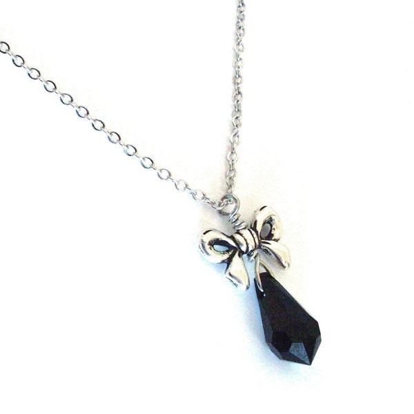 Silver bow black drop necklace, black crystal teardrop pendant necklace, antiqued silver fine chain, black and silver understated jewelry