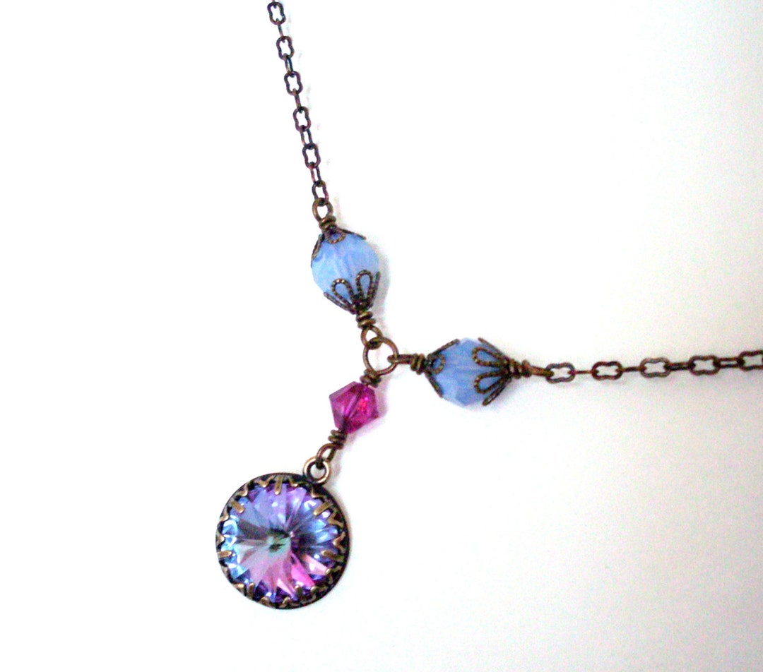 Lilac Pastel Crystal Necklace Rhinestone Pendant Antiqued Etsy New