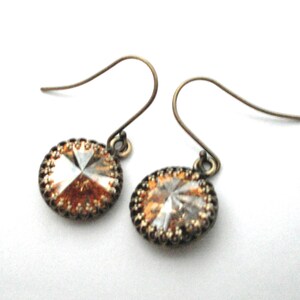 Crystal earrings, Golden Shadow Swarovski rhinestone, antiqued brass filigree set large single stone earrings, vintage look crystal jewelry