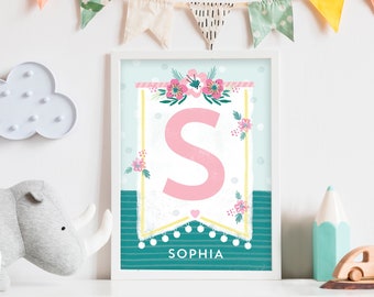 Personalised Floral Initial + Name Print, Art, Poster, Children's Bedroom, Kids Name, Child, Sizes 5 x 7"/A5/A4