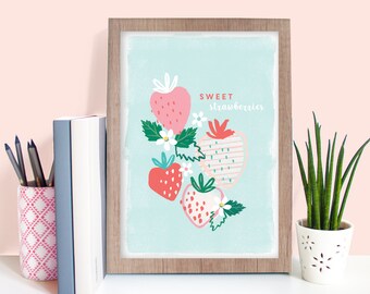 Sweet Strawberries Contemporary Illustrated Art Print | For Home | For Kitchen | - Sizes 5 x 7"/A5/A4