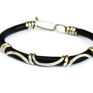 gold bracelet, leather bracelet, German silver bracelet, silver bracelet, brown leather image 1