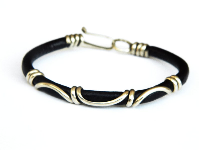 gold bracelet, leather bracelet, German silver bracelet, silver bracelet, brown leather image 1