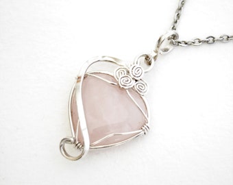 Collier avec de la pierre de quartz rose, Argent Sterling. pendentif avec de la pierre de quartz rose