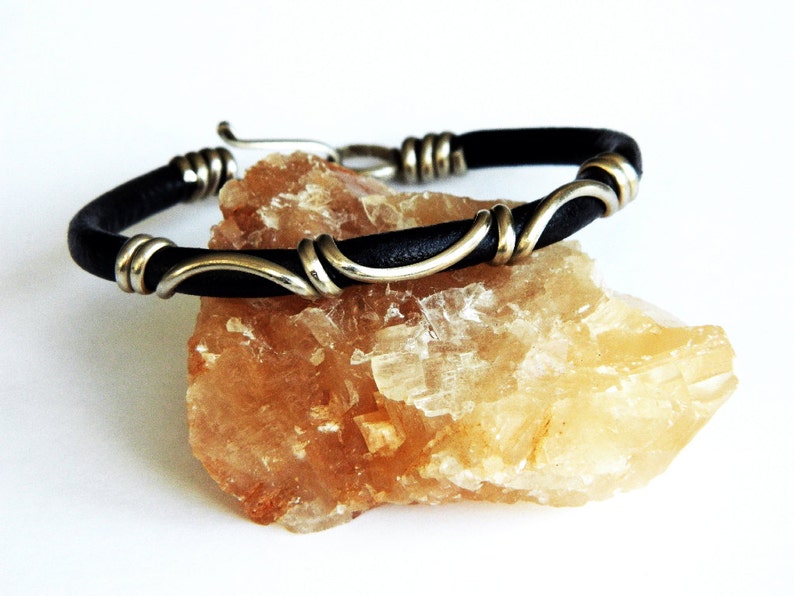 gold bracelet, leather bracelet, German silver bracelet, silver bracelet, brown leather image 3