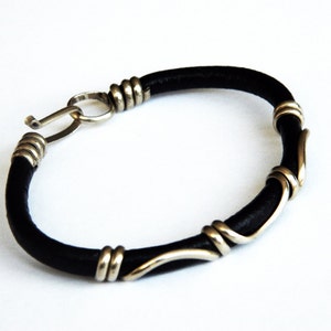 gold bracelet, leather bracelet, German silver bracelet, silver bracelet, brown leather image 2