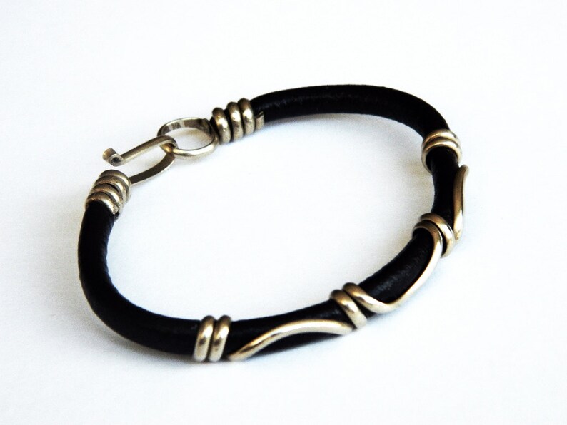 gold bracelet, leather bracelet, German silver bracelet, silver bracelet, brown leather image 2