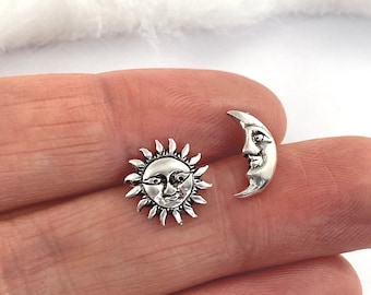 Sun & Moon Sterling Silver Stud Earrings Silver Earrings Mismatched Moon Sun Boho Earrings Studs Minimalist everyday Earrings Celestial