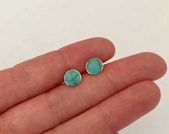 925 Sterling Silver Turquoise Stud Earrings, Round Silver Earrings, Boho Minimalist Beach Summer Studs, Green Blue Circle jewelry