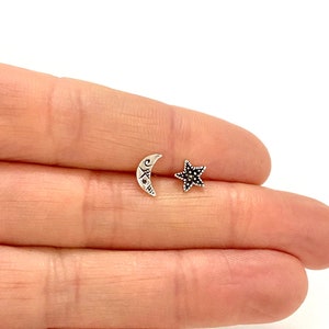 Sterling Silver Moon and Star Stud Earrings, Mismatched Minimalist Boho Celestial Design, Unique Silver Earrings for Everyday Wear