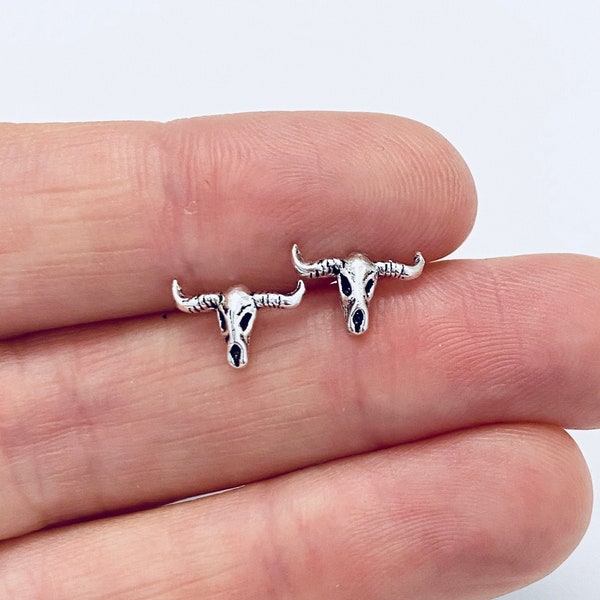 Sterling Silver Longhorn Bull Earrings, Stud Earrings 10 mm Silver Studs Texas Bull Longhorn Silver Earrings Animal Earrings Gift for Him