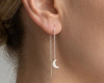 Moon Thread Sterling Silver Earrings, Celestial Minimalist Dainty Earrings, Silver Thread Earrings, Moon Earrings, Gift for Her