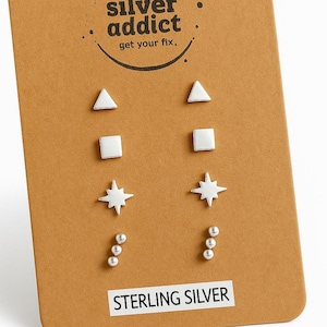 Sterling Silver Earrings Stud Set Small Silver Triangle Square Starburst Bar Dainty Bundle Ear Stack Piercing Jewellery Gift Minimalist Set