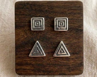 Sterling Silver Geometric Stud Earrings: Triangle, Square Minimalist Pair