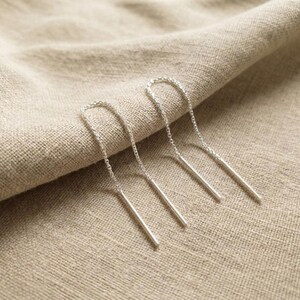 Sterling Silver Threader Earrings, 80mm Cable Chain Ear Threads, Minimalist Straight Bar Pull Through Earrings