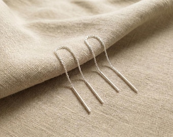 Sterling Silver Threader Earrings, 80mm Cable Chain Ear Threads, Minimalist Straight Bar Pull Through Earrings