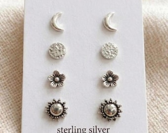 Sterling Silver Stud Earring Set | Moon Star Sunburst Circle | Celestial Earrings | Silver Minimalist Studs