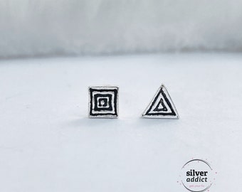 Mismatched Geometric 925 Sterling Silver Stud Earrings Minimalist Tiny Triangle Earrings Small Square post Earrings Multiple piercings