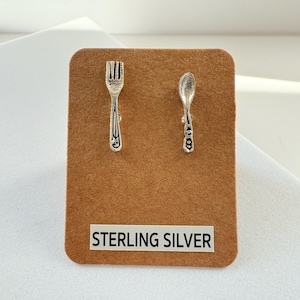 Sterling Silver Fork Spoon Stud Earrings Small Mismatched Gift Her Chef Jewellery Cute Quirky Foodie Fun Unique Cutlery Pair
