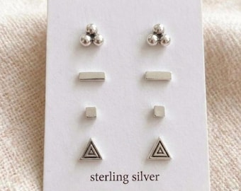 Sterling Silver Geometric Stud Earring Set | Minimalist Triangle, Bar, Cube, Dots