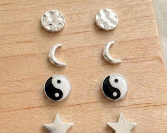 Sterling Silver Stud Earring Set | Boho Moon, Star, Yin Yang, Circle Minimalist Earrings