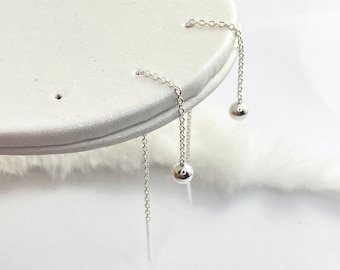 Sterling Silver Threader Earrings with Ball, Minimalist 80mm Silver Thread Ear Wire, Long Dangle Pull Through Earrings Everyday Gift for Her