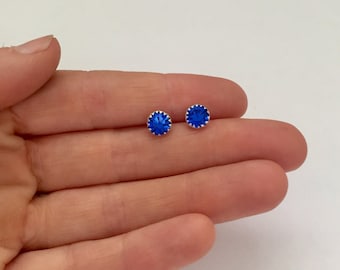 Blue Sterling Silver Stud Earrings, 7 mm Blue Silver Earrings Stud Sterling Silver Stud Earrings Valentines Gift for Her Bridesmaid Earrings