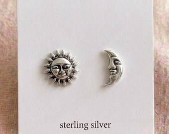 Sterling Silver Sun Moon Mismatched Stud Earrings | Celestial Face Pair