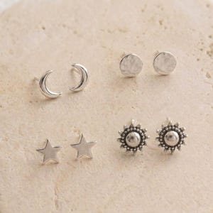 Sterling Silver Celestial Stud Set | Moon Star Sunburst | Sensitive Ears | Gift for Her | Multiple Piercing Earrings