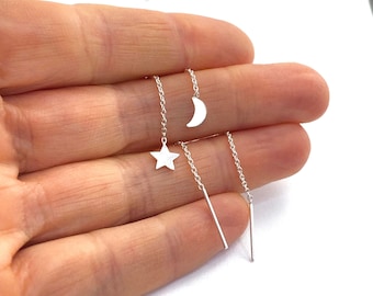 Star Moon Thread Sterling Silver Earrings - Mismatched Earrings Minimalist Earrings Star Earrings Moon Earrings Silver Thread Earrings