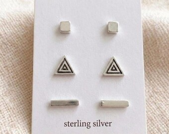 Sterling Silver Geometric Stud Earring Set – Minimalist Trio, Layering Ear Stack