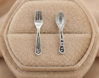 Sterling Silver Fork Spoon Stud Earrings: Fun mismatched earrings
