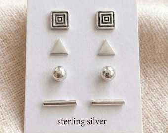 Sterling Silver Stud Earring Set: minimalist earrings for multiple piercings