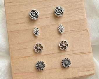 Sterling Silver Floral Stud Earring Set | 4 Pairs Minimalist Flower, Leaf Earrings