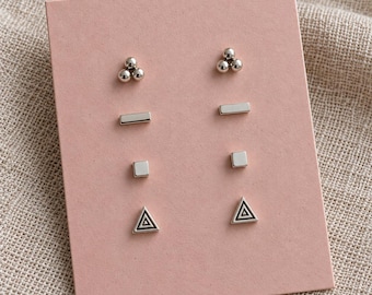 925 Sterling Silver Geometric Stud Set: 4 Pairs of Tiny Dot, Bar, Cube and Triangle Earrings
