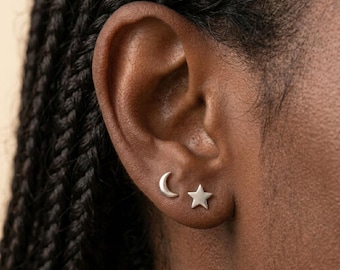 Sterling Silver Stud Earring Set I Celestial Moon Star Silver Earrings