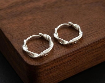 Sterling Silver Twisted Huggie Hoop Earrings | 14mm Everyday Wear