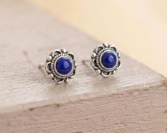 Sterling Silver Blue Minimalist Stud Earrings | Hypoallergenic Handmade Gift for Her | Sensitive Ears | Dainty Floral Studs